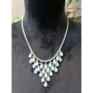 Women Silver Tone Teardrop Bazel-set Blue Bubble Beads Crochet Link Bib Necklace